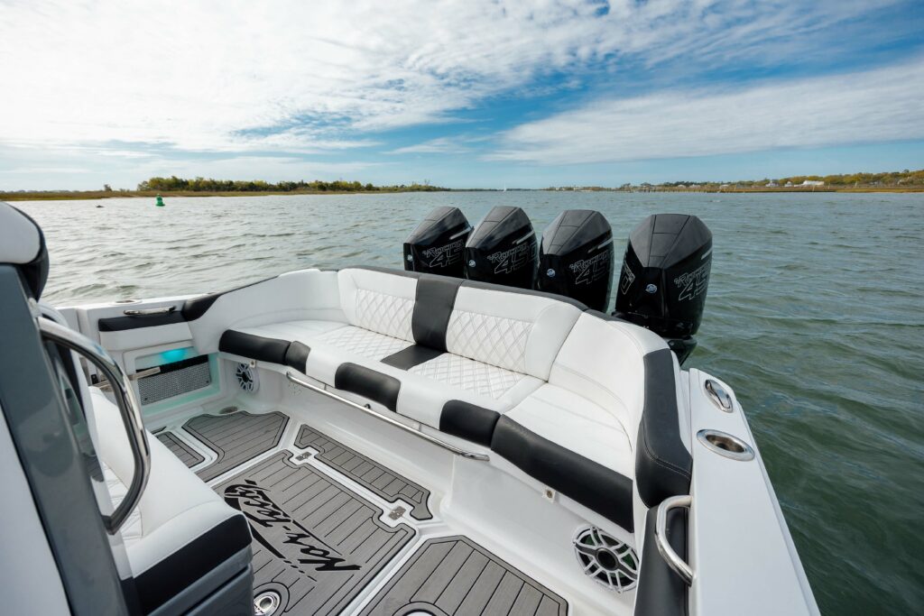 boats, high performance boats, boating, yachting, luxury center console, nor tech luxury boats, nor tech high performance boats, off the hook yacht sales, benefits of a nor tech, reasons to buy a nor tech, fushion, power, luxury, quad mercury 450s, racing motors, mercury motors, offshore racing, poker runs