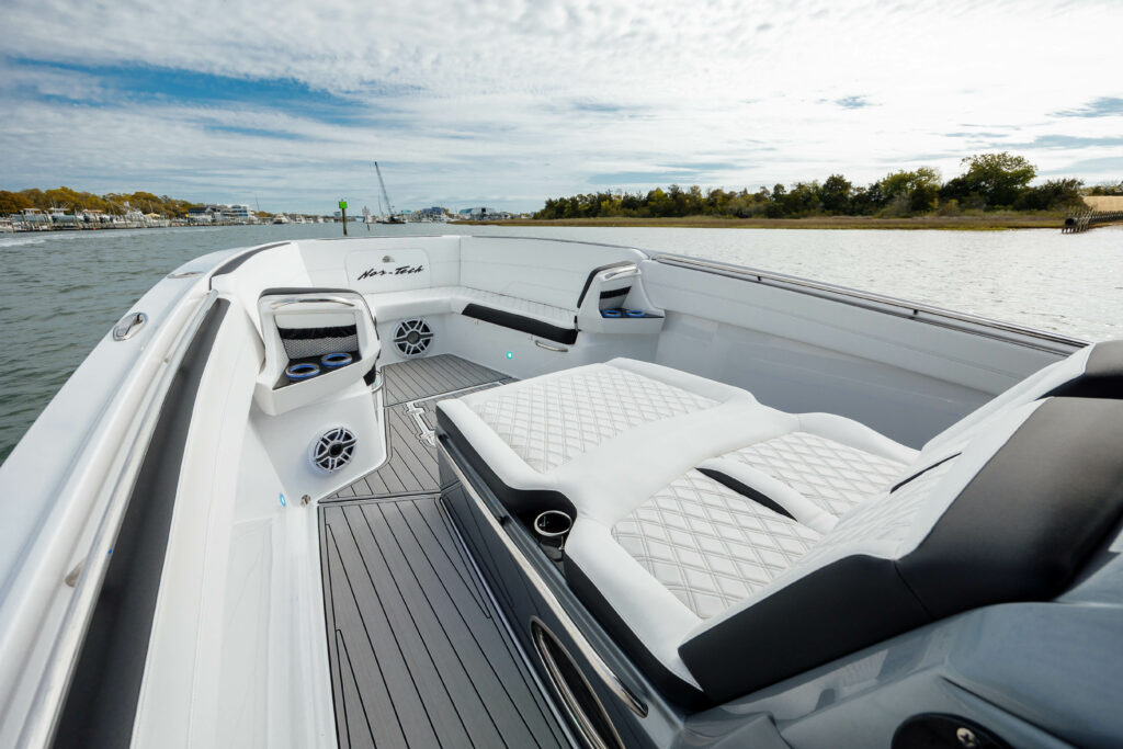 boats, high performance boats, boating, yachting, luxury center console, nor tech luxury boats, nor tech high performance boats, off the hook yacht sales, benefits of a nor tech, reasons to buy a nor tech, fushion, power, luxury, quad mercury 450s, racing motors, mercury motors, offshore racing, poker runs, custom detailed interior, custom interior, one of a kind